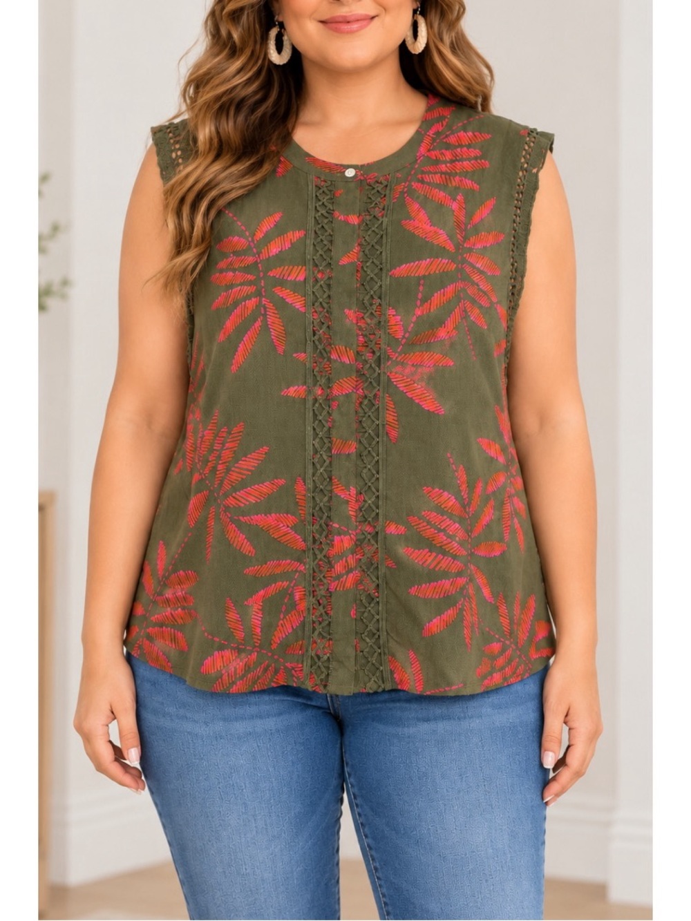 A new Day green and embroidered pink button up sleeveless top- Large